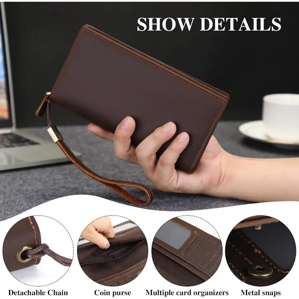Men's Genuine Leather Brown Bifold Long Wallet Purse Card Multi Zipper Design